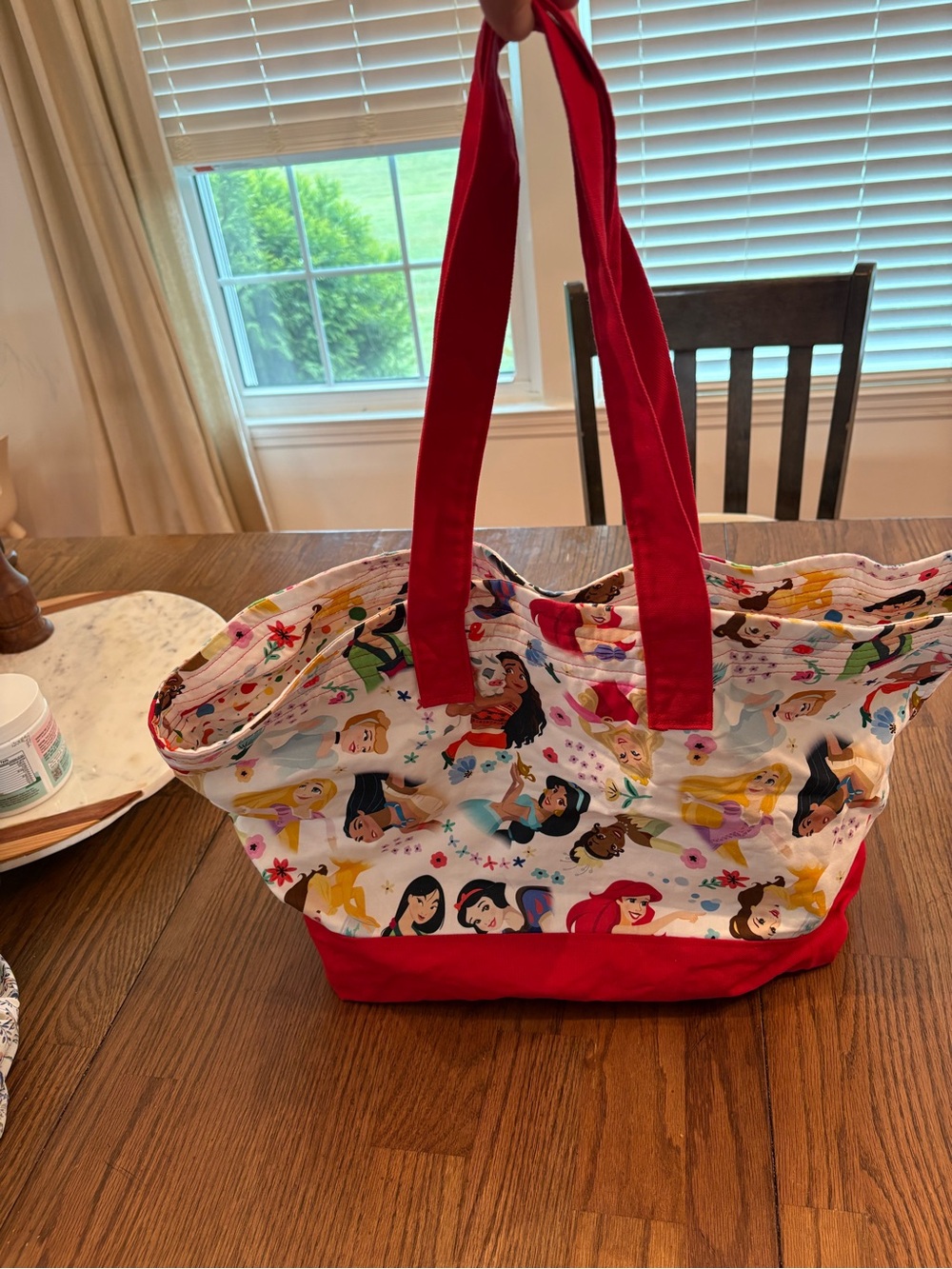 Red Canvas Tote Bag with Disney Princess Pattern
